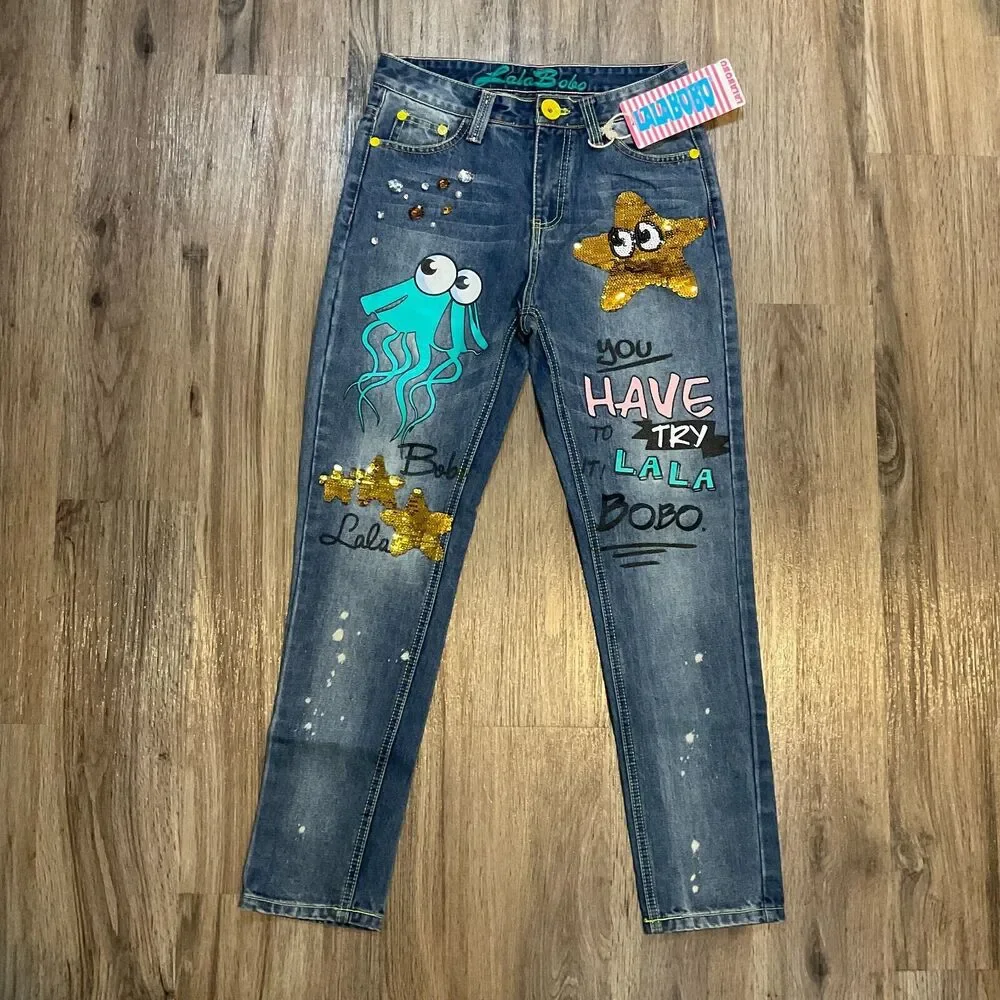 New Lala Bobo Jeans Vintage Blue Denim Graphic Print Sequin Size‎ 29 NWT